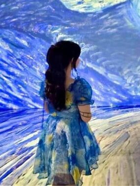 Women’s Van Gogh Starry Night Puff-Sleeve Sky Dress Paint Artist Whimsical arts